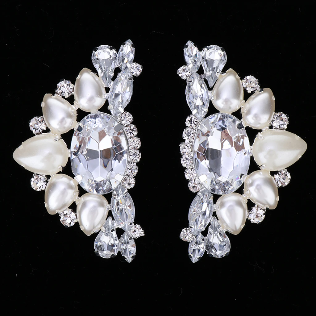 2x  Bridal Wedding Shoes Decorative Diamante Flower High Heel Shoe Clips Charms Decor Faux Pearl Shoe Buckle