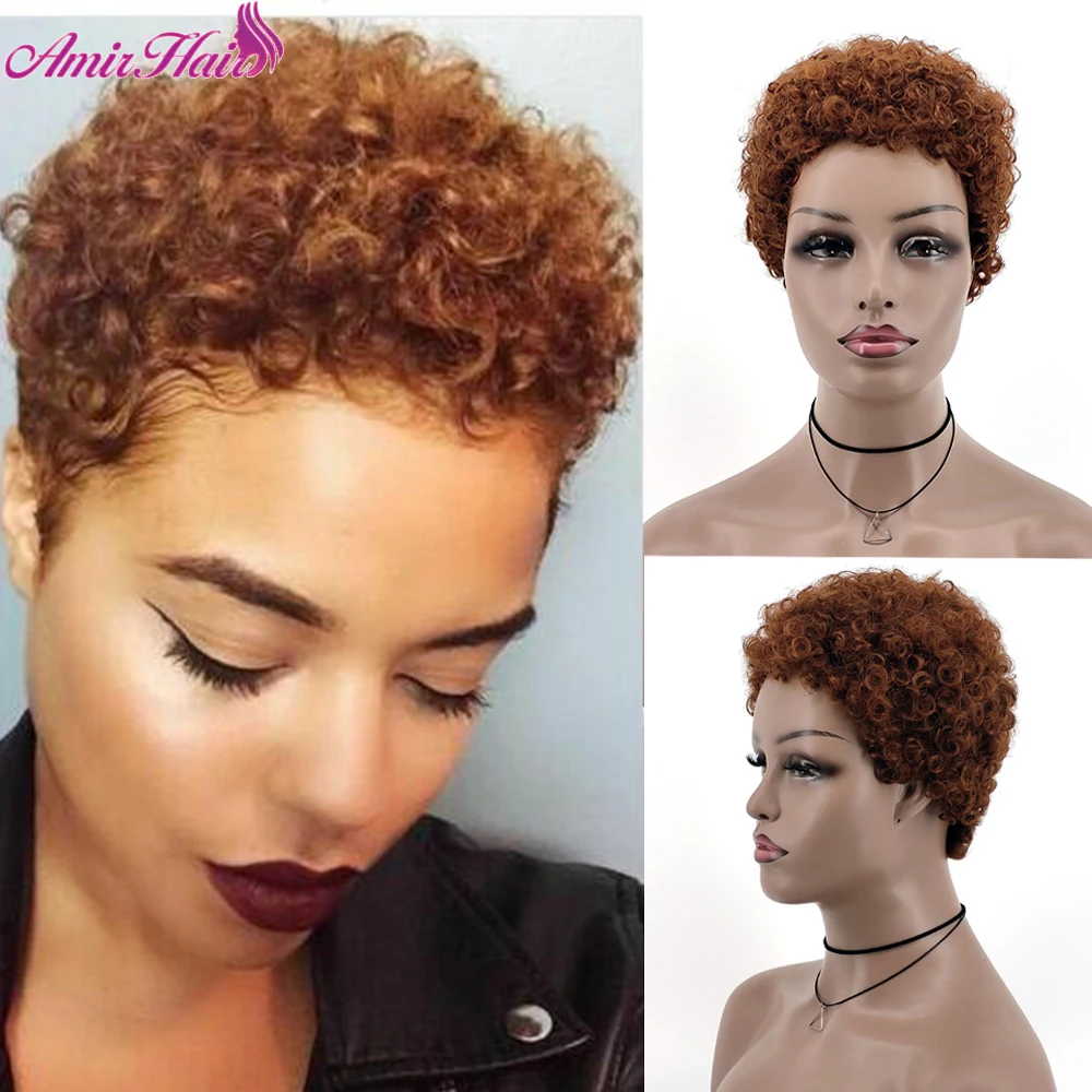 Pelucas rizadas cortas para mujeres negras, pelo sintético brasileño Remy, rizado, corto, marrón oscuro