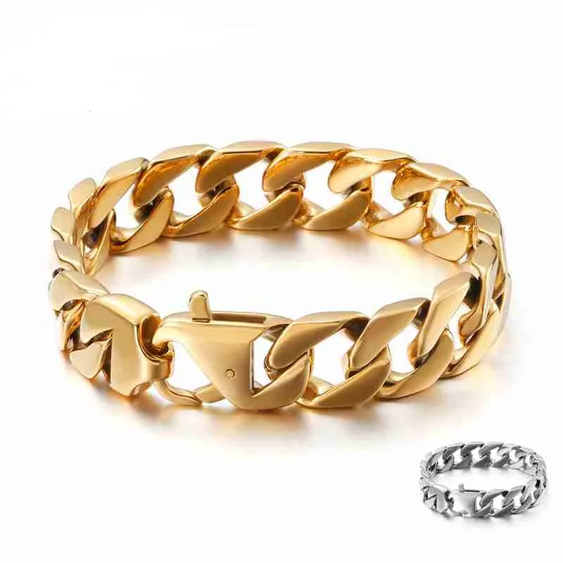 15Mm Punk Miami 18K Gold Plate Curb Cuban Link Chain Bracciali Uomo Donna Nero Acciaio Inossidabile Fashion Classic Bangle Jewelry