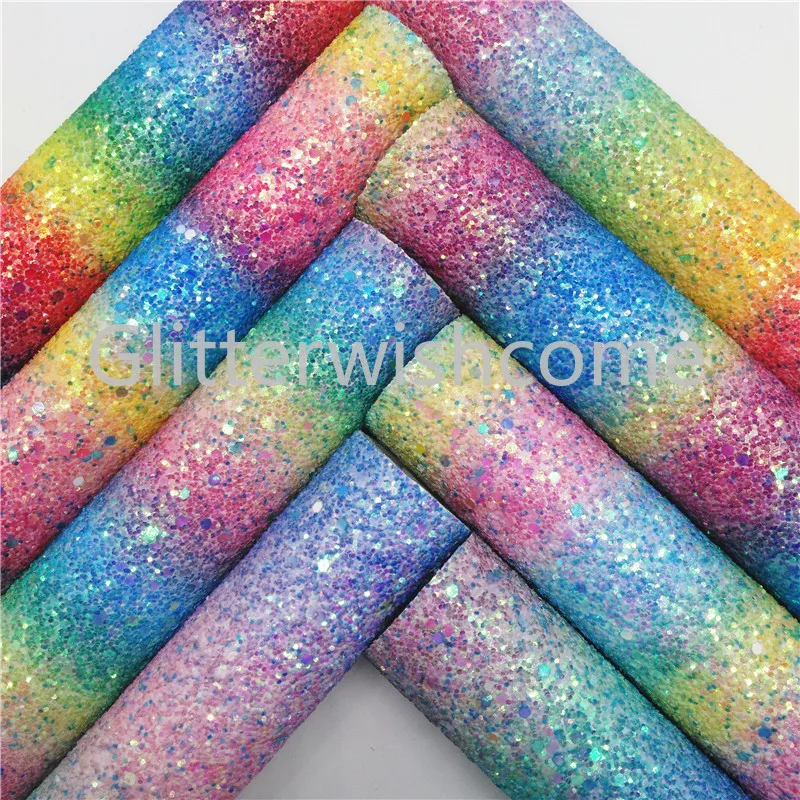 

Glitterwishcome 30X134CM Mini Roll Glitter Fabric, Rainbow Chunky Glitter Leather, Faux PU Leather fabric Vinyl for Bows, GM411