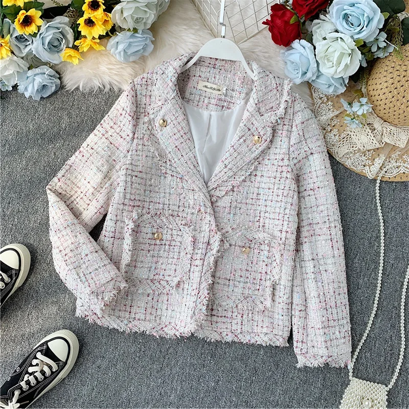 pink blazer MUMUZI Весна и зима хлопковый Блейзер Женский модный твидовый клетчатый костюм женские куртки OL клетчатое пальто с большими карманами - Цвет: pink blazer