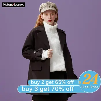 

Metersbonwe Thicken Wool Blend Coat Women Long Flare Sleeve Turn-down Collar Outwear Jacket Casual Winter Elegant Overcoat
