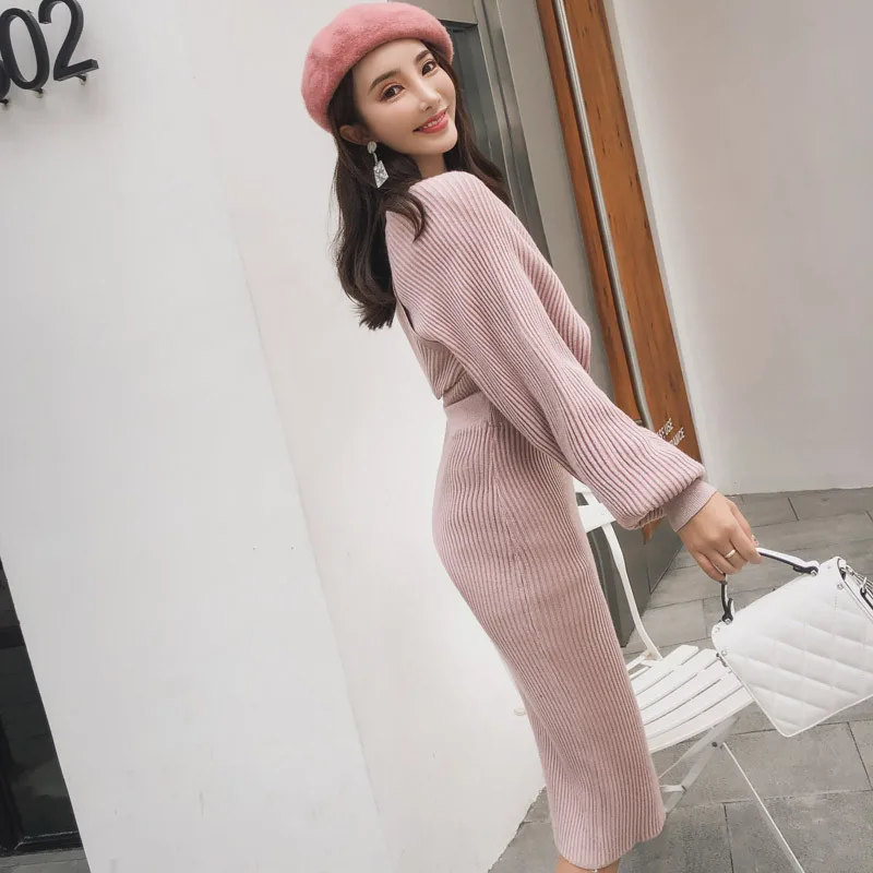 Solid Modis Streetwear Korean Style Knitted Two Piece Set Puff Sleeve Fall Sweater and Package Hip Skirt Ladies Pink 2 Piece Set