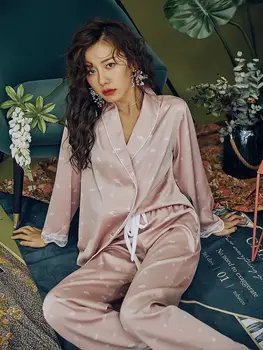 

2020 Sexy Lace Pyjamas Set Silk Daisy Print Pajamas for Women Pijamas Sleepwear Satin Set Night Suit Nightwear Cute Home Clothes