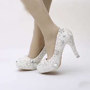 

Snow White Elegant Pearl Wedding Shoes Party Prom Platform High Heels Event Pumps Women Shoes Rhinestone Crystal Dress Shoes