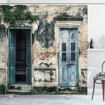 

Rustic Shower Curtain Doors of Old Rock House with French Frame Details in Countryside European Past Theme Bathroom Decor Set