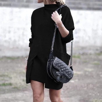 

Bikitique Fashionable Small High Neck Long Sleeve Pocket Knitted Women Dress Leisure Commute Elegant Retro Winter Dress