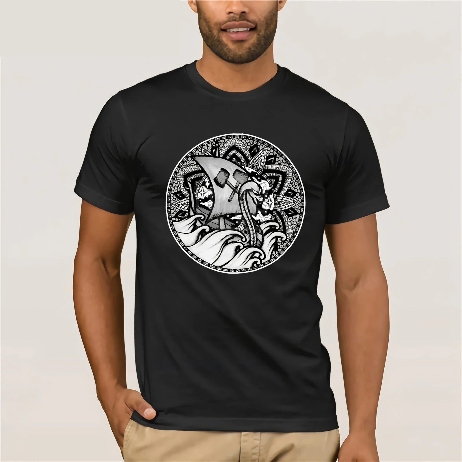 Viking Ship Mandala T-Shirt Summer men's printed T-shirt Funny black men tee shirt cotton free shipping | Мужская одежда