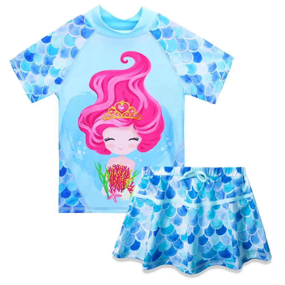 BAOHULU Blue Cartoon Girls Swimwear with Skirt Short Sleeve UPF50+ Swimsuit for Girls Kids 3-12Y Children Swimwear Beachwear
