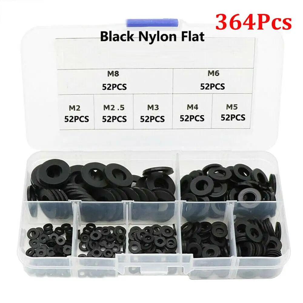 364pcs/Set Bonded Washer Kit Gasket Nylon Rubber Corrosion Resistant Flat Washer Seal Ring Set For Metric M2-M8