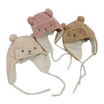

Infant Cartoon Bear Cap, Toddler Wool Hat with Earflap Straps Baby Winter Warm Beanie