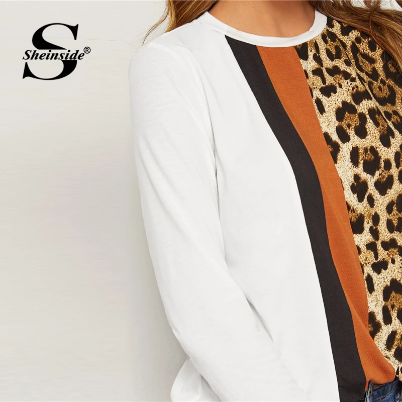 Sheinside Повседневная футболка с леопардовым принтом женская Осенняя цветная отделка топик, женская футболка с длинным рукавом Белый Топ
