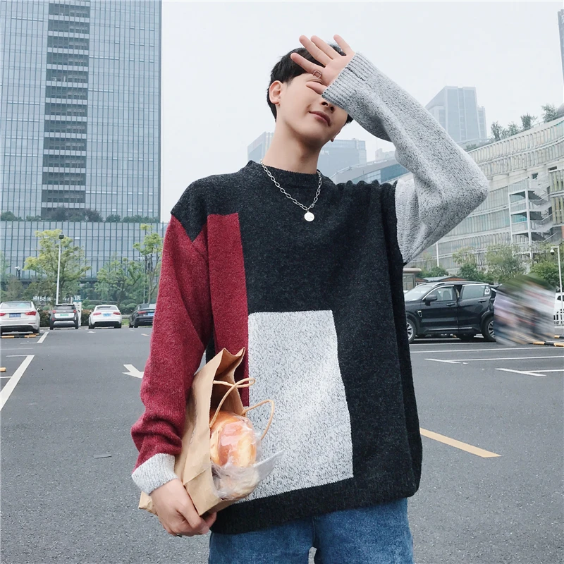 Winter Sweater Men's Warm Fashion Contrast Color Stitching Casual Knit Sweater Man Loose Long-sleeved Pullover Male Clothes Winter Sweater Men's Warm Fashion Contrast Color Stitching Casual Knit Sweater Man Loose Long-sleeved Pullover Male Clothes