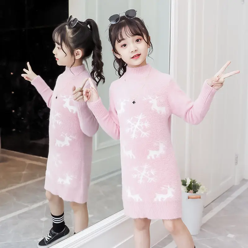 

Teenage Girls New Year Sweater with Deer Baby Snowflake Christmas Long Knitted Sweater Dress High Quality Princess Girl Knitwear