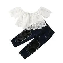 Эксклюзивная детская одежда кружевные топы с короткими рукавами и открытыми плечами для маленьких девочек+ джинсовые штаны с дырками в сеточку комплект одежды из 2 предметов