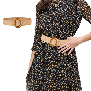 

Vintage Boho Braided Waist Belt Summer Solid Female Belt Round Wooden Smooth Buckle Fake Straw Wide Belts For Women Hot Sale