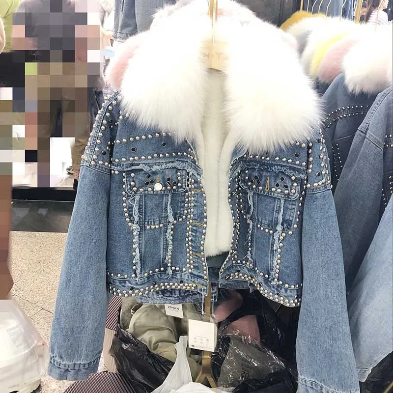 

2019 Autumn High quality New With Fox Fur Collar removable rivet diamonds FUR denim coat women fashion casual real Fur
