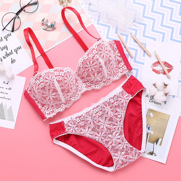 Sweet Style Lace Bra For Women Sexy Lingerie Femme Panties And Bra Set Half Cup Gathered Small Breast Underwear With Steel Ring red bra set Bra & Brief Sets