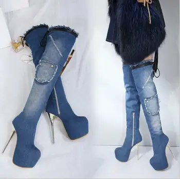 

Womens Over Knee Denim Boots Platform Stiletto Elastic High Heel Shoes Sbox1