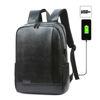 

New Men's Backpack PU Leather Waterproof Usb Charging Lightness Black Back Bags Laptop Travel School Outdoor Bagpacks Man 2020