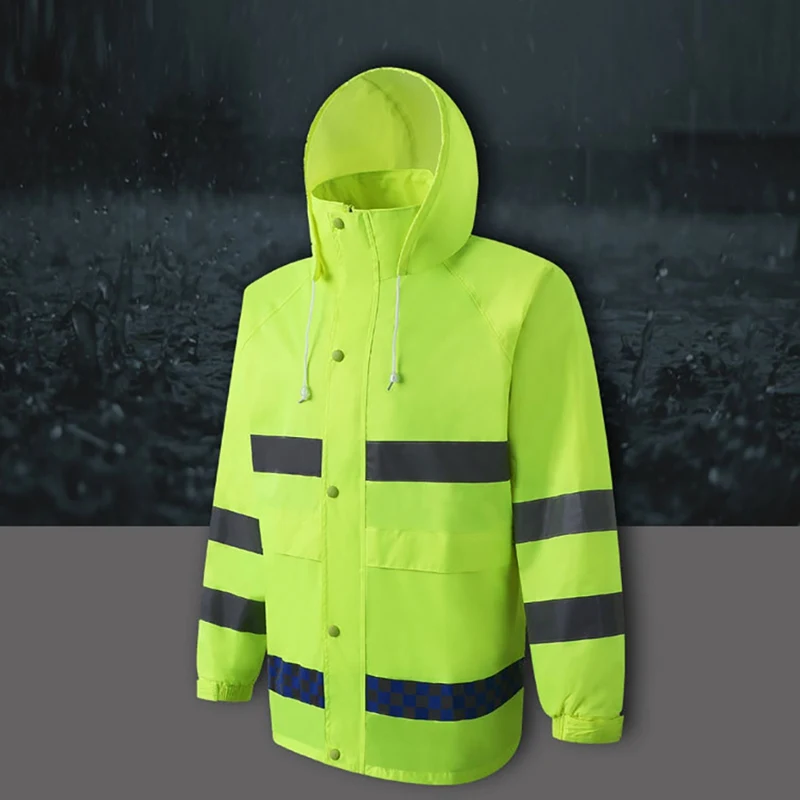 Reflective Raincoat Rain Pants Suit Hooded Kit High Visibility Windproof Waterproof Construction Safety Long Sleeve Jacket Pants