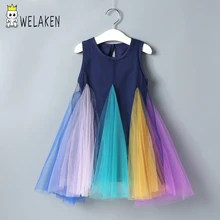 Welaken/Детские платья; платье радуги без рукавов с круглым вырезом для девочек; коллекция года; летнее платье для девочек; сетчатая кружевная одежда для маленьких детей