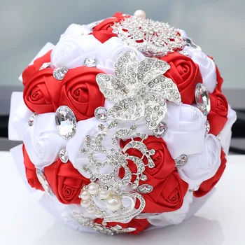 

Wedding Bouquet Artificial Rose Posy with Satin Rhinestone Throw Bouquet Bride Holding Flowers MYDING