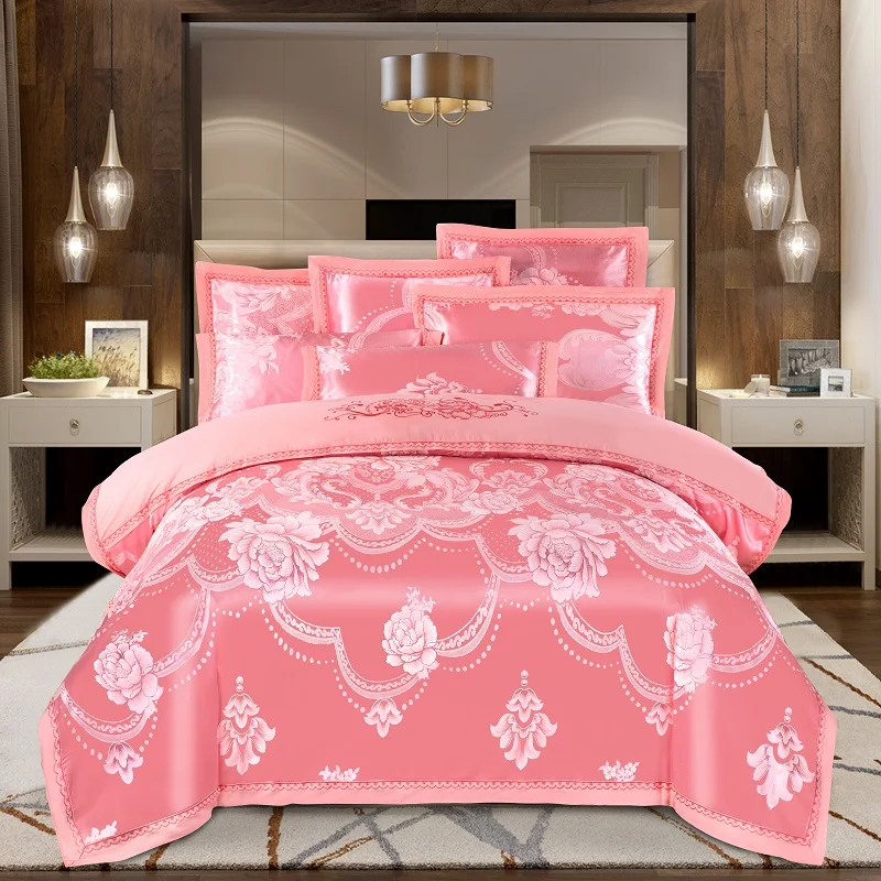 KELUO Luxury Wedding jacquard mulberry silk bedding 100%cotton Embroideredincluding duvet cover bed sheet pillowcase GRAY - Color: Such as pictures