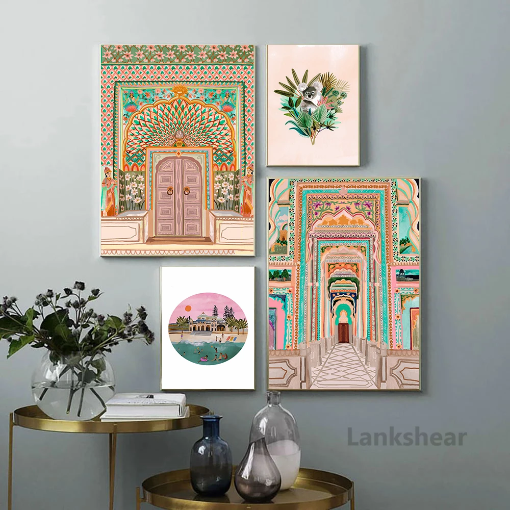 Akwarela maroko drzwi plakat w stylu Vintage korytarz architektura płótno  artystyczne malarstwo obrazy Hd drukowane salon Home Decor|Malarstwo i  kaligrafia| - AliExpress