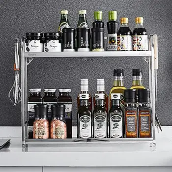 

304 Stainless Steel Kitchen Shelf Landing 2-layer Oil Salt Sauce Vinegar Storage Supplies Condiment Seasoning Shelf