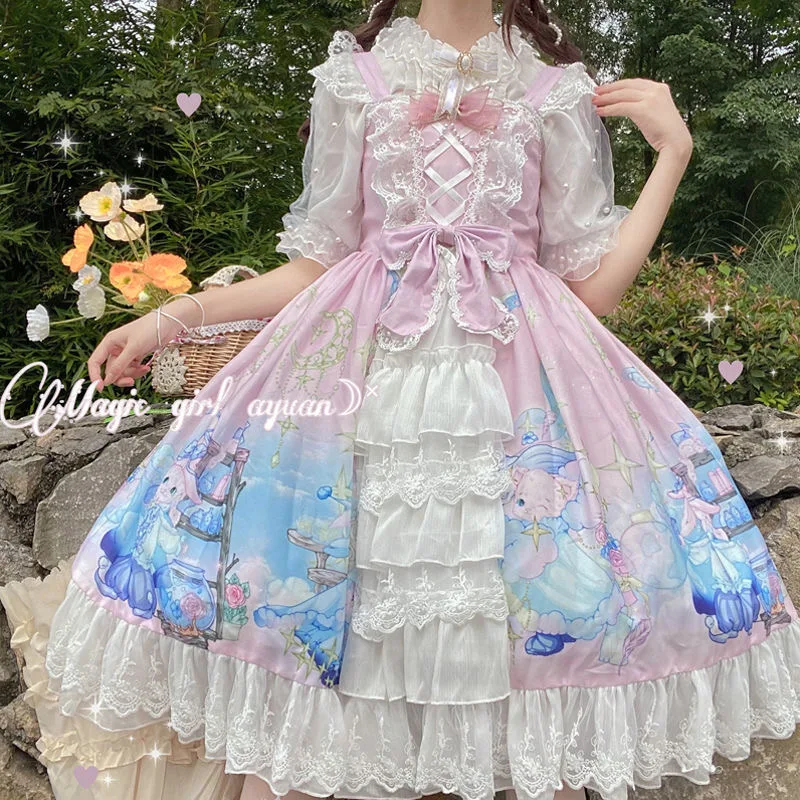 Japanese Girly Lolita Jsk Dress Women Soft Sweet Dream seller Princess Kawaii Cute Bow Summer Straps Blue Cosplay