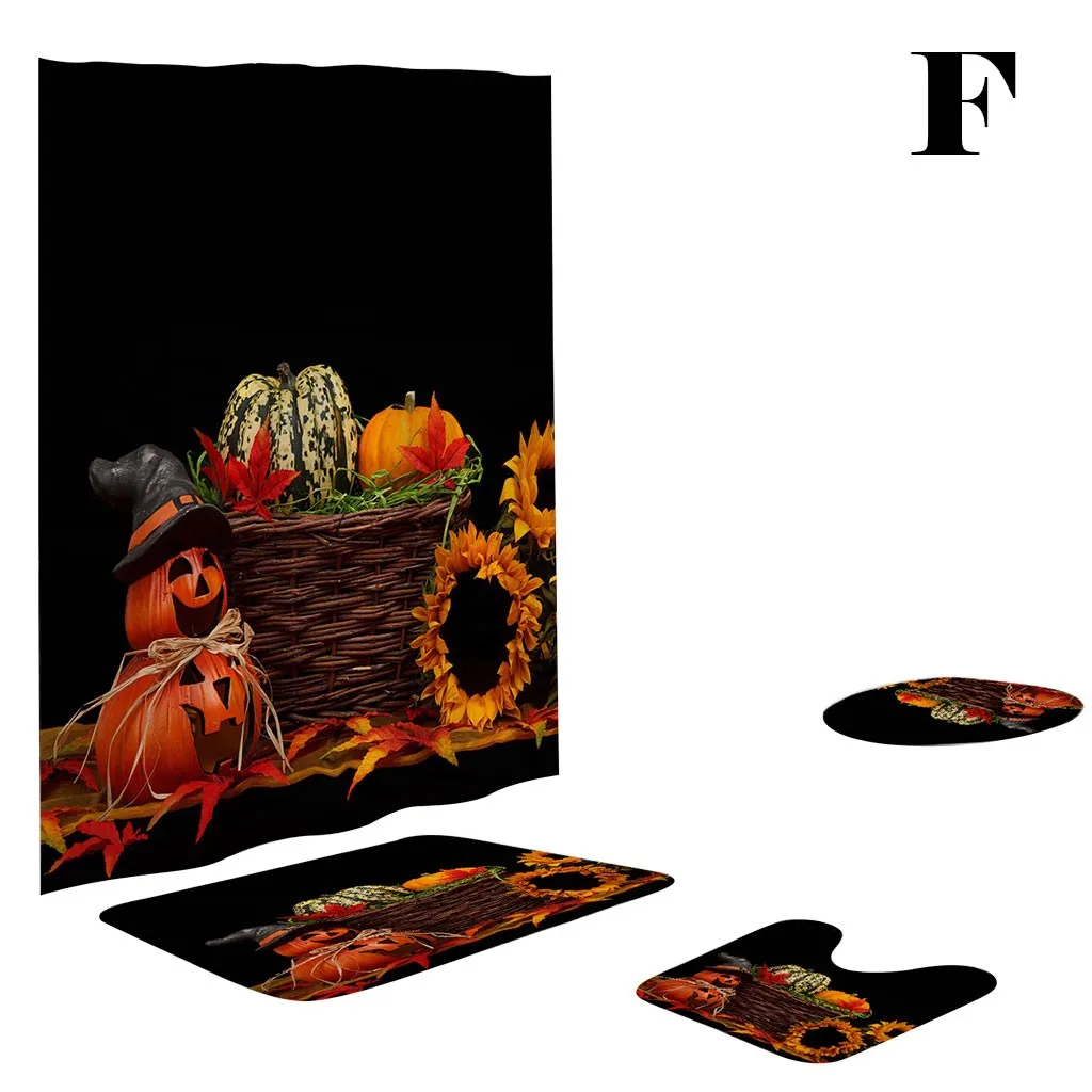 Happy Halloween Cover Mat Set Bathroom Shower Curtain Mat Set Bathroom Shower Curtain Waterproof Fabric Curtain Four-Piece