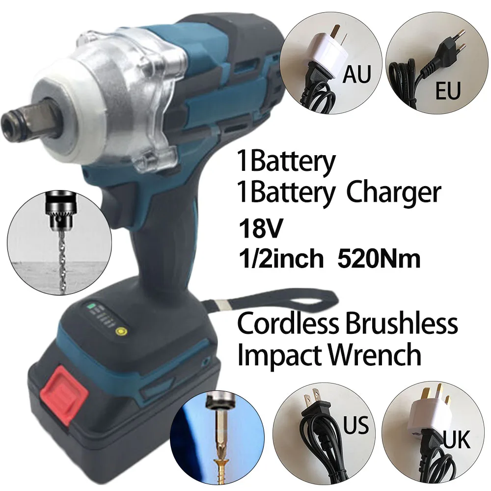 

1*Electric Wrench+1*Battery+1*Charger Cordless Brushless 18V 1/2inch 520Nm Electric Impact Wrench Driver
