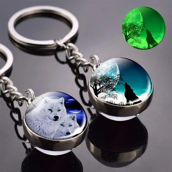 Glow in the Dark Wolf Key Chain Howling Wolf and Moon Keyring Double Side Glass Ball Keychain Wolf Head Pendant Key Ring flower key chain poppy flowers key ring double side glass ball keychain pendant keyring
