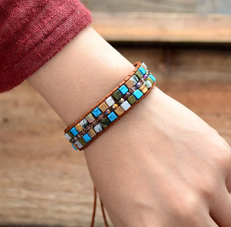 Женский плетеный браслет с бусинами из натуральных камней|leather wrap|leather wrap braceletwrap