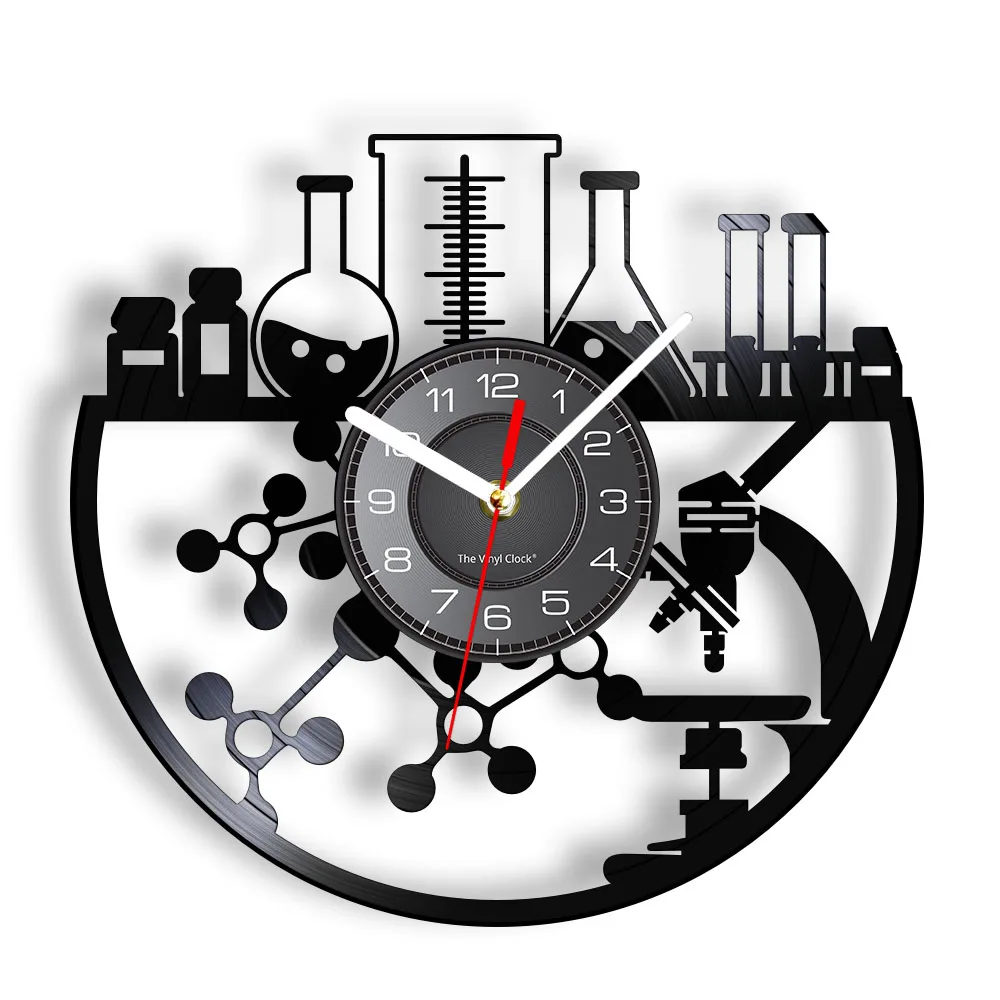 Chemical Experiment Vinyl Record Wall Clock Chemistry Microscope Bunsen Burner Retro Wall Watch Laboratory Science Decor Watch 