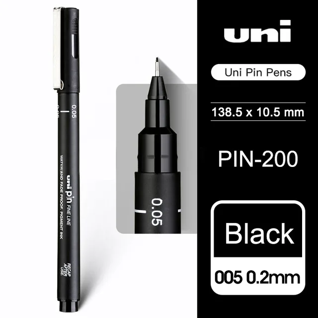 2 шт., ручка для рисования UNI, игла для рисования, для студентов, для рисования, крючок, ручка, штырь-200, водостойкая, для рисования, штрих, для рисования, дизайн линии, черная ручка - Цвет: 0.2mm black