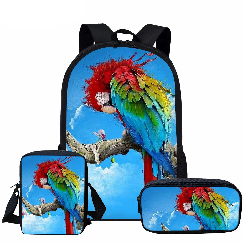 Colorful Parrot Printing Kids Girls Backpack 3PCS Women Bird Pattern Travel Backbag Sets Teenager School Bags