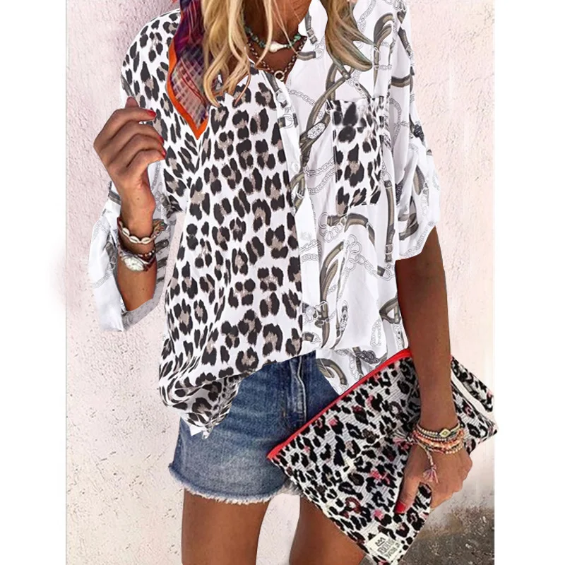 

New Spring 2020 Women's Shirt Female Clothing Stand Collar Print Floral Long Sleeve Splicing Leopard T-shirts