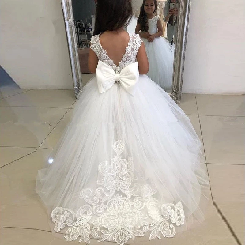 Vestidos bonitos de flores para niña, para boda, lazo grande, apliques  largos, vestidos de desfile para niña, vestidos de primera comunión para  bodas|Vestidos floreados de niña| - AliExpress
