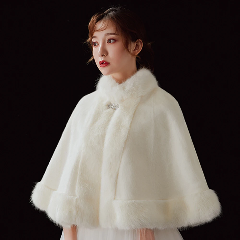 

Women Faux Fur Wedding Bridal Cloak Winter Warm Evening Party Cape Bridesmaid Prom Bolero Jacket Mandarin Collar Coat Ivory Red