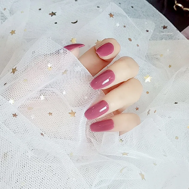 

Nusx 24pcs False Nails Full Finished Artificial Decoration Beauty Nail Tool Pure Color Pointed False Nails Tips with Glue FA049
