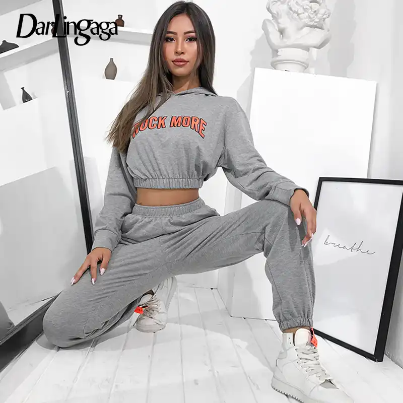 Darlingaga Casual Loose Tracksuit For Women Two Piece Set Crop Top Hoodie And Pants Letter Print Matching Sets Outfits Workout Pant Suits Aliexpress