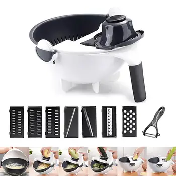 

9 in 1 Magic Rotate The Vegetable Cutter with Drain Basket Multifunctional Vegetables Chopper and Drain with 8 Dicing Blades