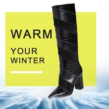 Черные сапоги до колена без шнуровки с принтом под крокодиловую кожу женская обувь с острым носком на не сужающемся книзу массивном каблуке, пикантные зимние сапоги, размер 14, 15, 16, Shofoo