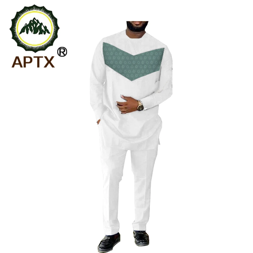 

2020 spring casual men's pants suit APTX african print full sleeve o-neck long top+full length pants men's suit t1816001