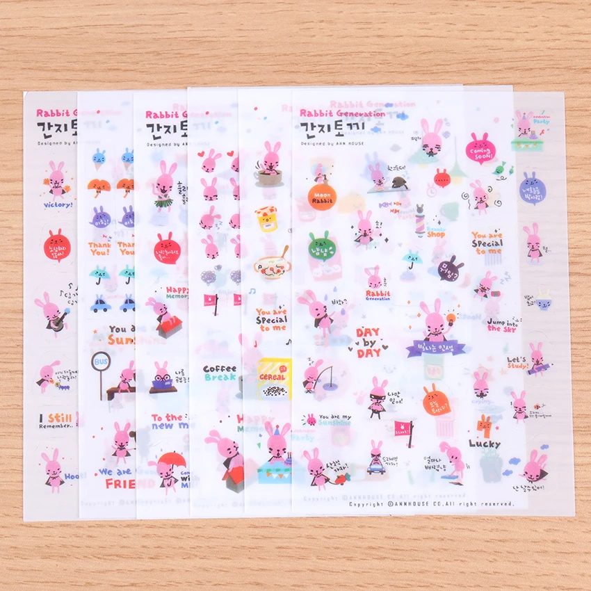 

Korean Stationery Stickers Cute Rabbit Generation Decorative Sticker Lovely Animals PVC Transparent DIY Stickers for Diary 6PCS