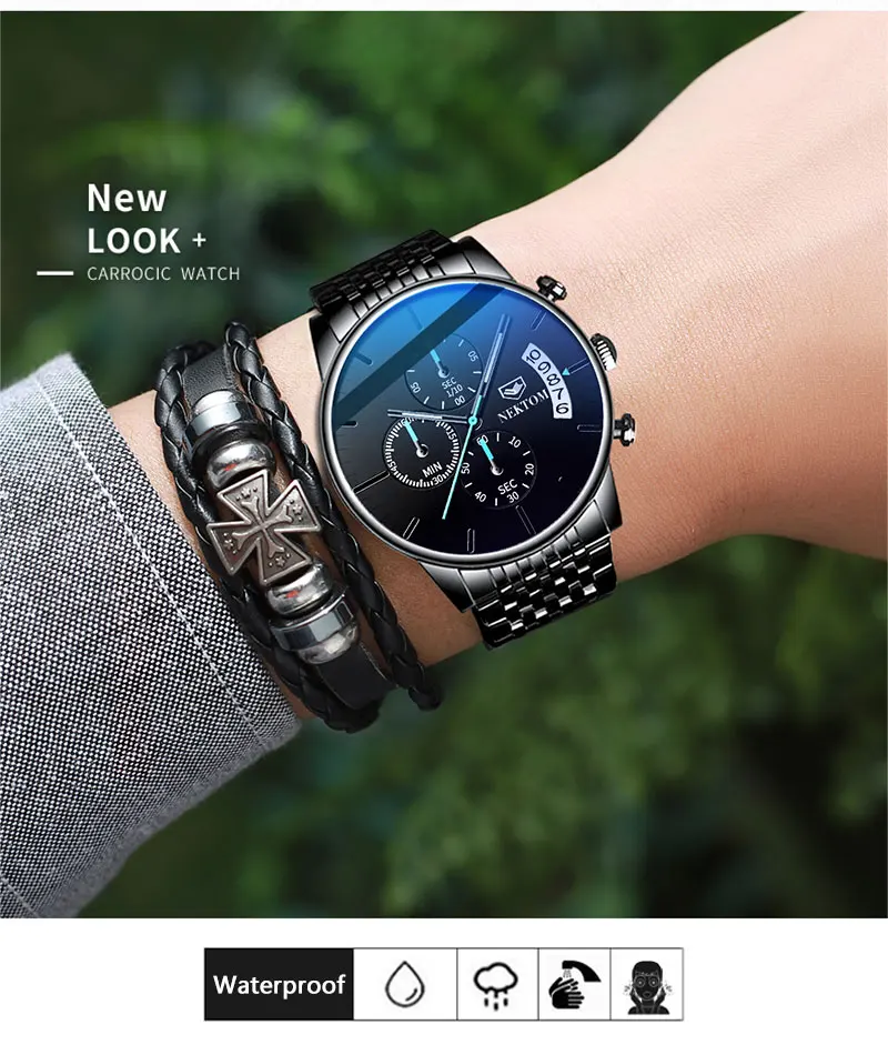 Мужские водонепроницаемые часы NEKTOM Butterfly Snap Solid Steel Band со светящимися стеклами и 6