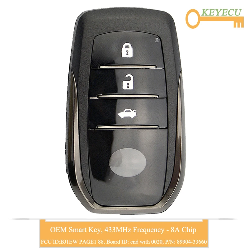 KEYECU OEM умный дистанционный Автомобильный ключ для Toyota Camry, Fob 3 кнопки-433 МГц-FCC ID: BJ1EW PAGE1 88,89904-33660