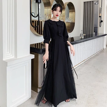 

Elegant Lady Long Qipao Autumn New Black Evening Party Dress Sexy Puff Sleeve Mesh Cheongsam Exquisite Beads Robe De Soiree